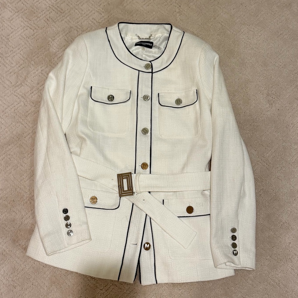 Karl Lagerfeld White Belted Blazer with Black Trim
